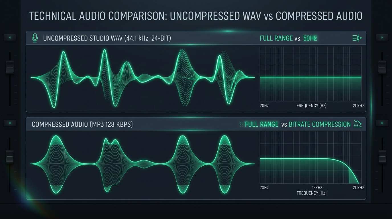Technical audio comparison of uncompressed WAV 44.1 kHz vs compressed MP3 frequency response